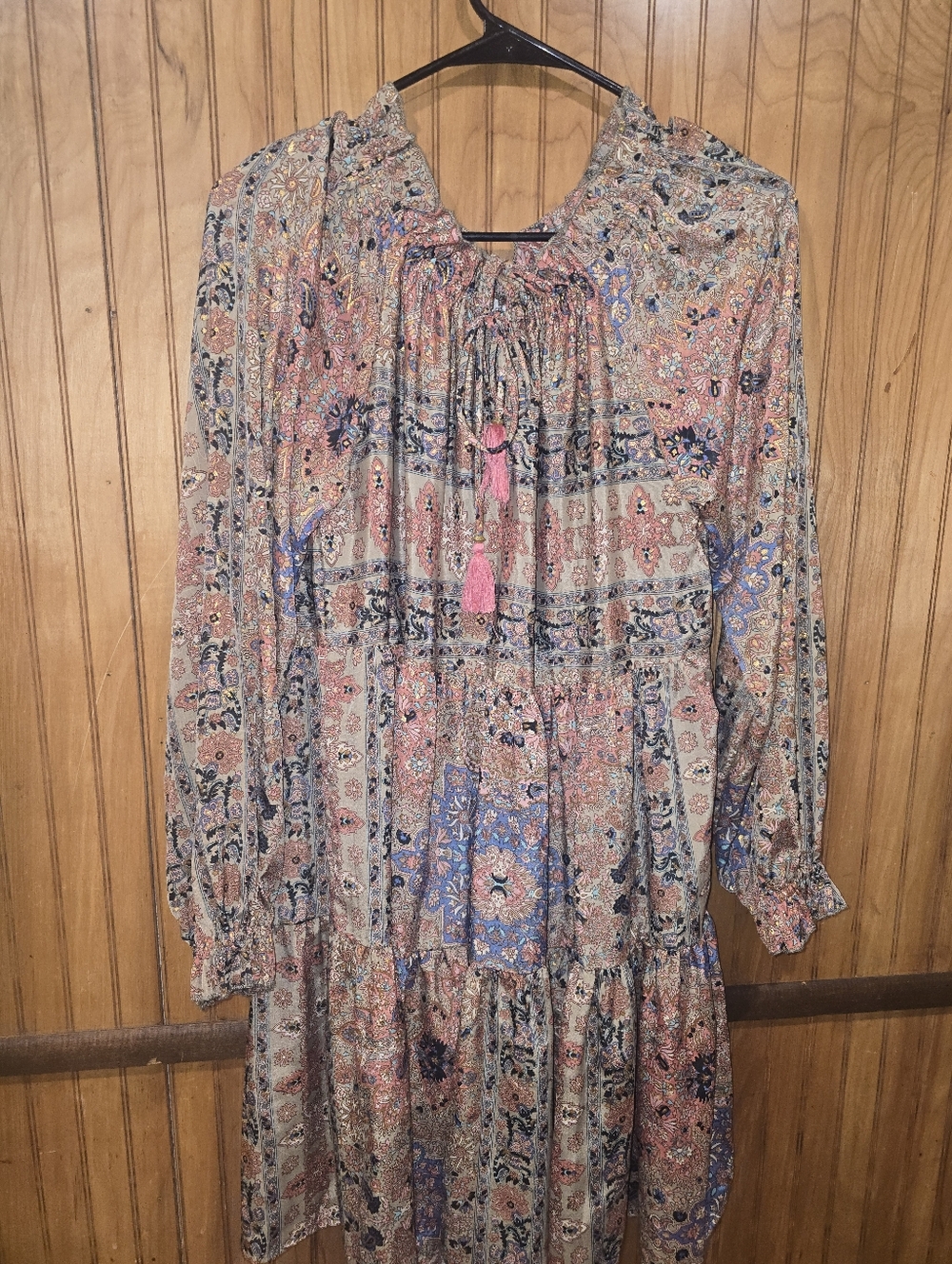 Boho Tassel Tie Floral Print Midi Dress Pink & Blue Size Small